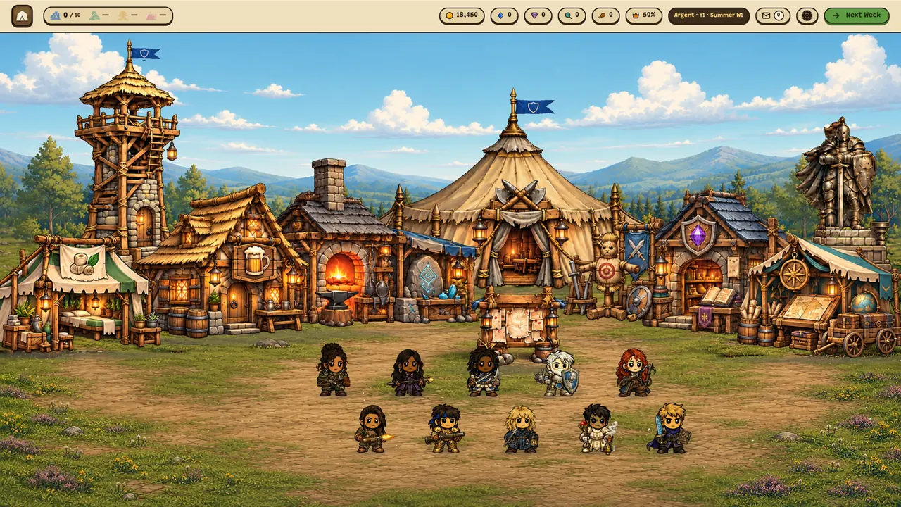 The company’s camp: a watchtower, tavern, forge, command tent and other buildings, with ten soldiers gathered in front