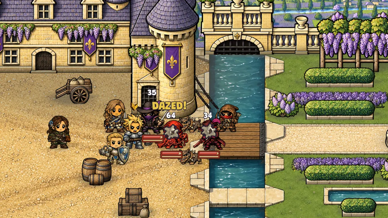 The company fighting hooded outlaws and hounds at a castle drawbridge over a moat, with wisteria-hung walls and a Dazed callout