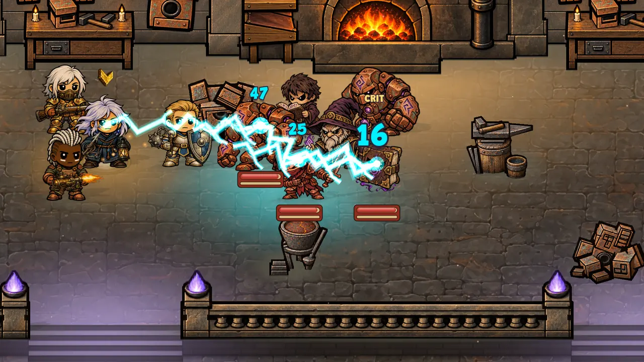 Chain lightning arcing from a mage through rust-red stone golems in a forge, with damage numbers and a crit
